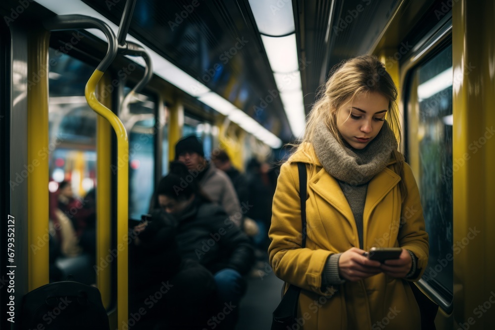 On-the-Go Productivity: Woman Engages with Smartphone Work During Candid Subway Commute On-the-Go Productivity: Woman Engages with Smartphone Work During Candid Subway Commute