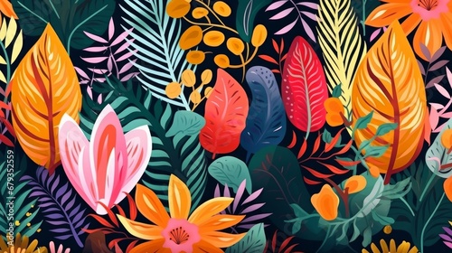 Contemporary seamless design featuring vibrant exotic floral elements in a hand-drawn cartoon style, creating a modern jungle collage