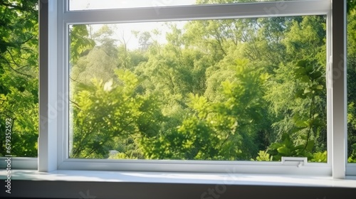 Freshly installed plastic PVC window with a white metal frame in a contemporary home  capturing a blurred background of lush green trees. An advertising concept portraying modern architecture