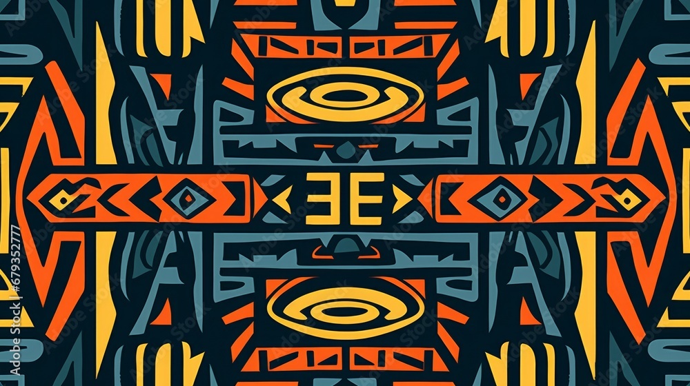 A tribal vector ornament showcasing a seamless African pattern resembling an ethnic carpet design. It features a geometric mosaic akin to ancient interior motifs