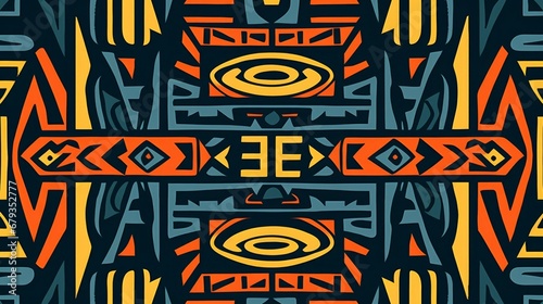 A tribal vector ornament showcasing a seamless African pattern resembling an ethnic carpet design. It features a geometric mosaic akin to ancient interior motifs