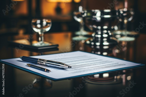 pen is lying on business papers on blurry office background. corporate finance management, strategy, economy concept.