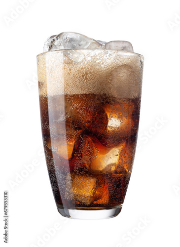 Cold glass of soda drink with ice cubes isolated on white background