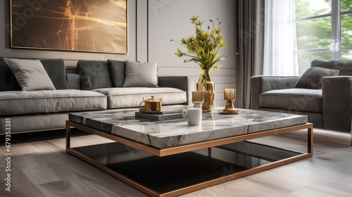 Capture elegance: a chic coffee table as a living room centerpiece. © pvl0707