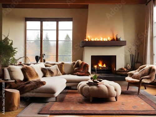 A cozy living room with a fireplace, a plush rug, and a comfortable sofa