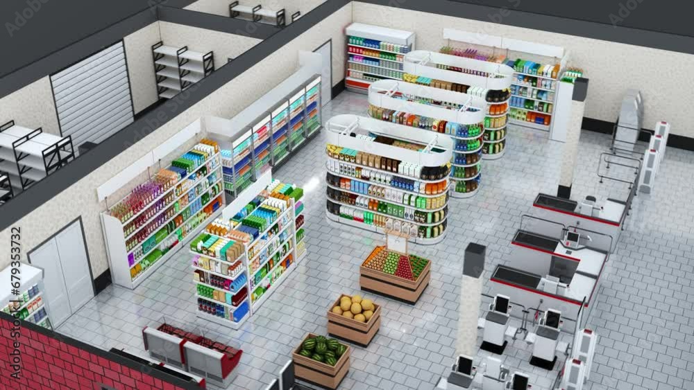 Sales area of the store, multi-colored packaging. 3d animation rotate