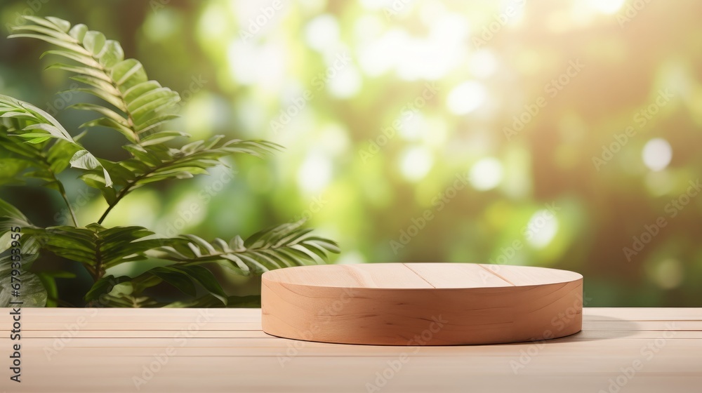 Wooden product display podium with blurred nature AI generated illustration