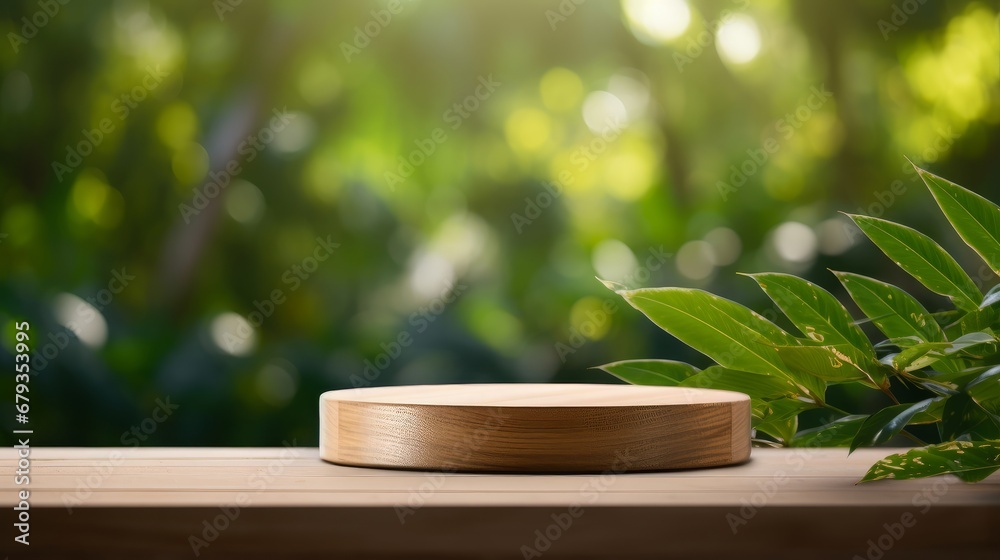 Wooden product display podium with blurred nature AI generated illustration Wooden product display podium with blurred nature AI generated illustration