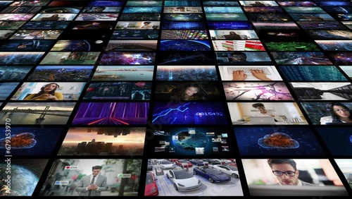 Dolly in through a Virtual World with Screens showing Multiple Themed Videos. Loop able Video Wall. All videos in this animation are available in my portfolio. 
