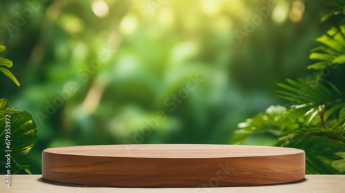 Wooden product display podium with blurred nature AI generated illustration