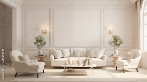 Contemporary classic white beige interior with furniture and decor © CraftyImago