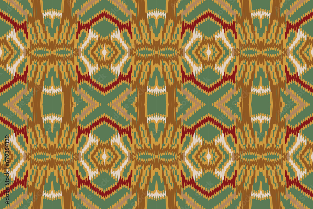 Ikat Fabric Green Yellow Red and White Seamless Pattern folk embroidery, and Mexican style. Aztec geometric art ornament print.Design for carpet, wallpaper, clothing, wrapping, fabric, cover, textile