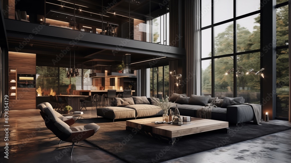 A modern dark luxury home interior background, featuring a spacious loft with sleek furniture, minimalistic decor, and large windows