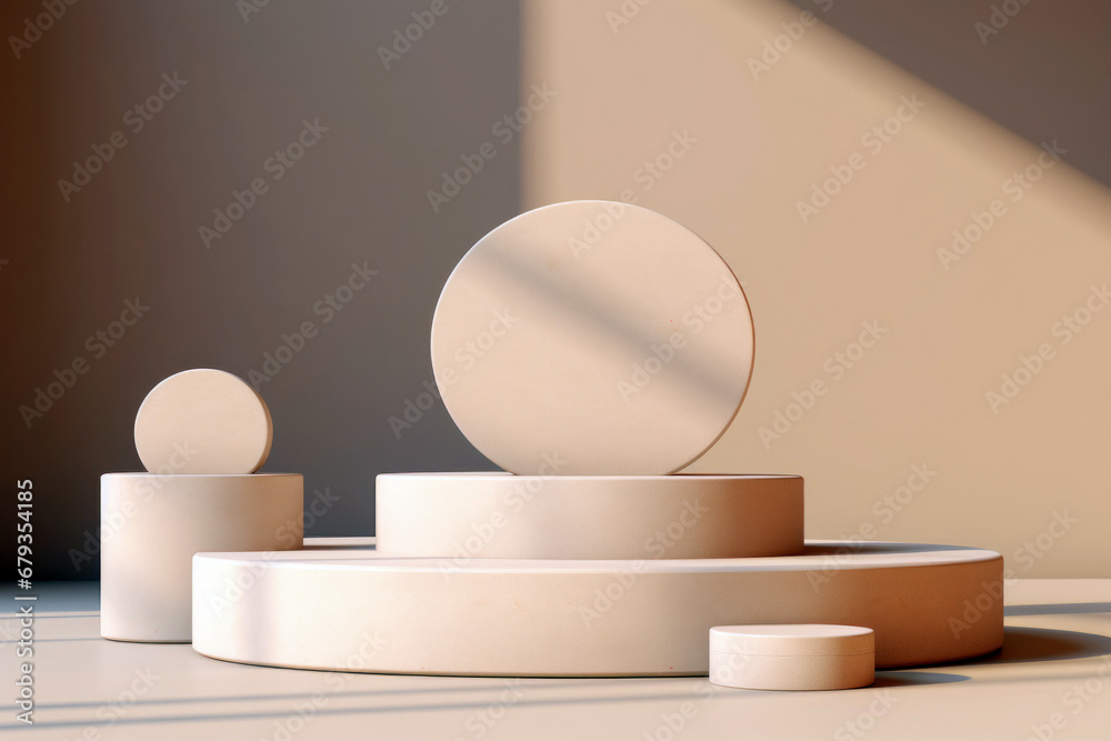 Arrangement of abstract minimal geometric forms, podiums for product presentation. Modern pedestal for advertising, soft light and shadows Arrangement of abstract minimal geometric forms, podiums for product presentation. Modern pedestal for advertising, soft light and shadows