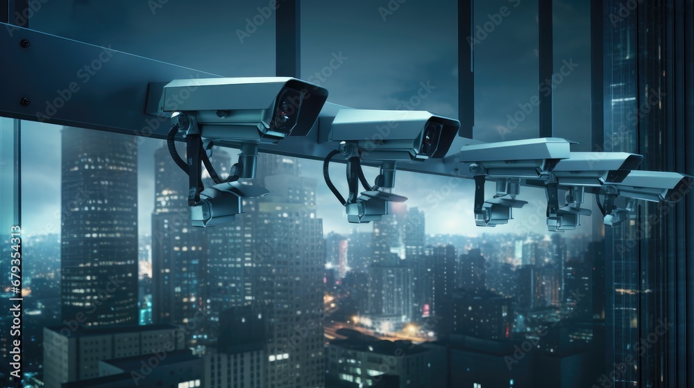 security cameras in action. Top project secures stocks in an innovative surveillance company. - obrazy, fototapety, plakaty 