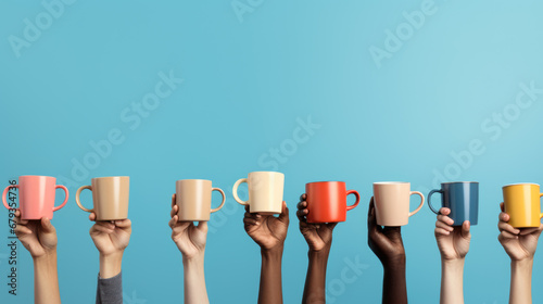 Multiple hands of diverse skin tones are raised, each holding a different colored mug against a blue background. photo