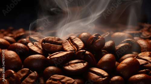 Freshly roasted coffee beans are emitting steam, highlighting their rich aroma and texture against a dark background.