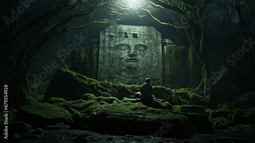 a person sitting in a dark forest looking at a stone sculpture