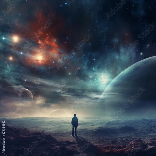 a person standing in a desert with planets and stars in the sky
