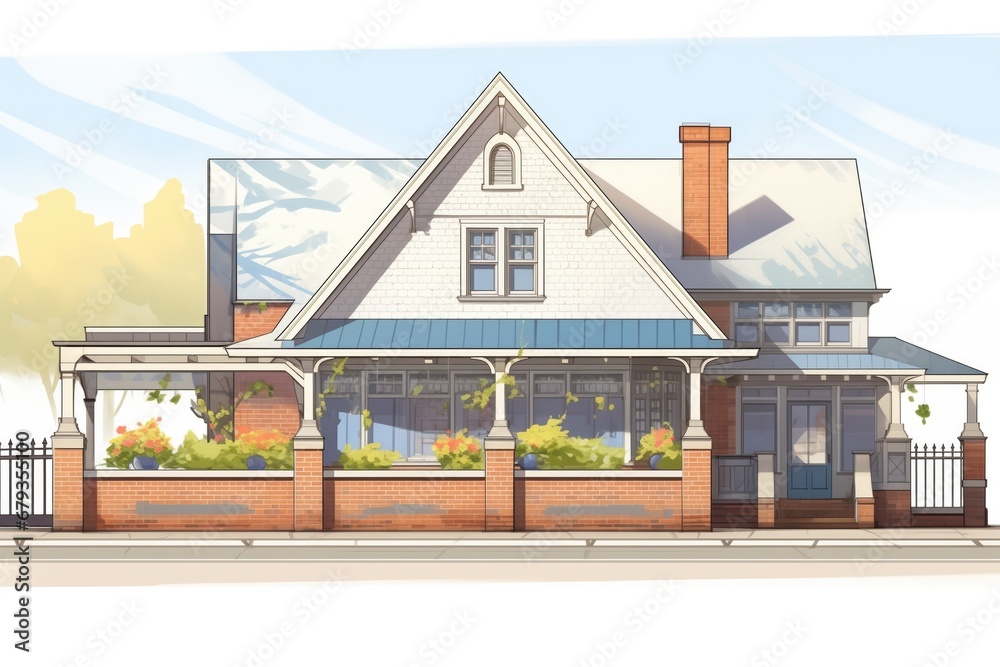 side view dutch colonial, flared eaves, gravel path, magazine style illustration