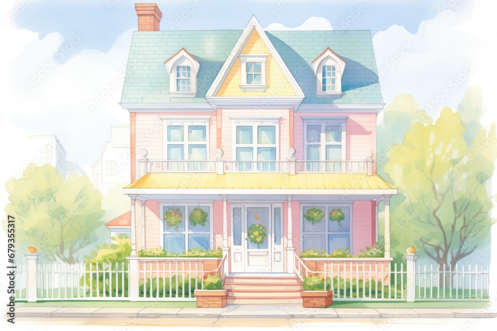 dutch colonial house with a fresh coat of pastel paint, magazine style illustration