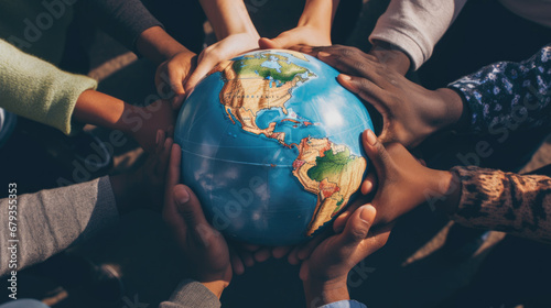 Multiple hands of diverse skin tones coming together to carefully hold a globe, symbolizing unity, diversity, and global cooperation photo