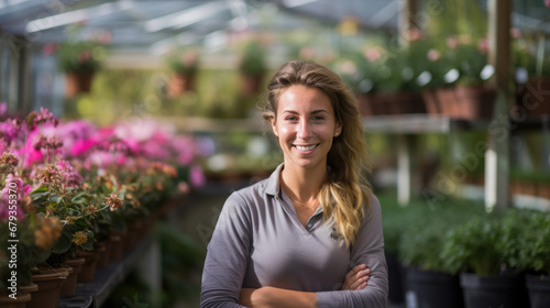 Happy female gardener in an apron is tending to colorful flowers in a greenhouse environment.