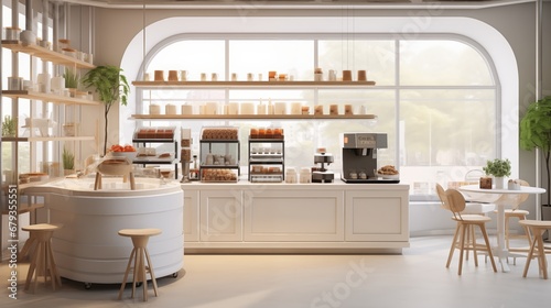 Small modern Korean style design cafe, glossy ivory white round corner counter, cake display, professional espresso machine, bar table, stool by window for interior photo