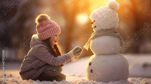 happy child girl plaing with a snowman on a snowy winter walk © alexkich
