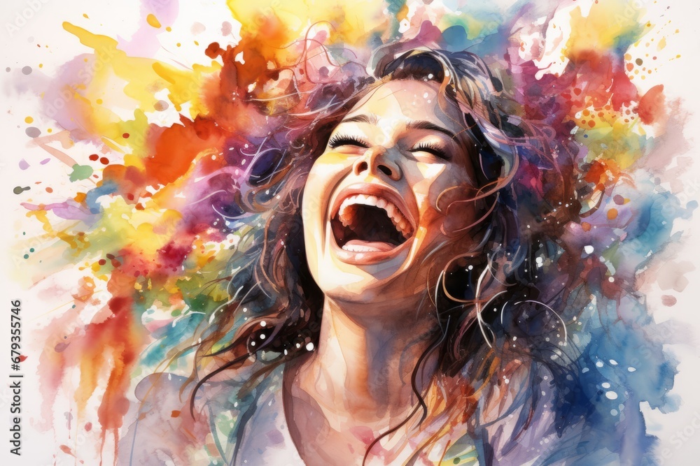 a woman laughing with colorful splashes - obrazy, fototapety, plakaty 