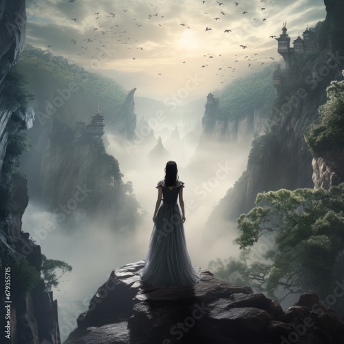 a woman in a long dress standing on a cliff looking at a valley