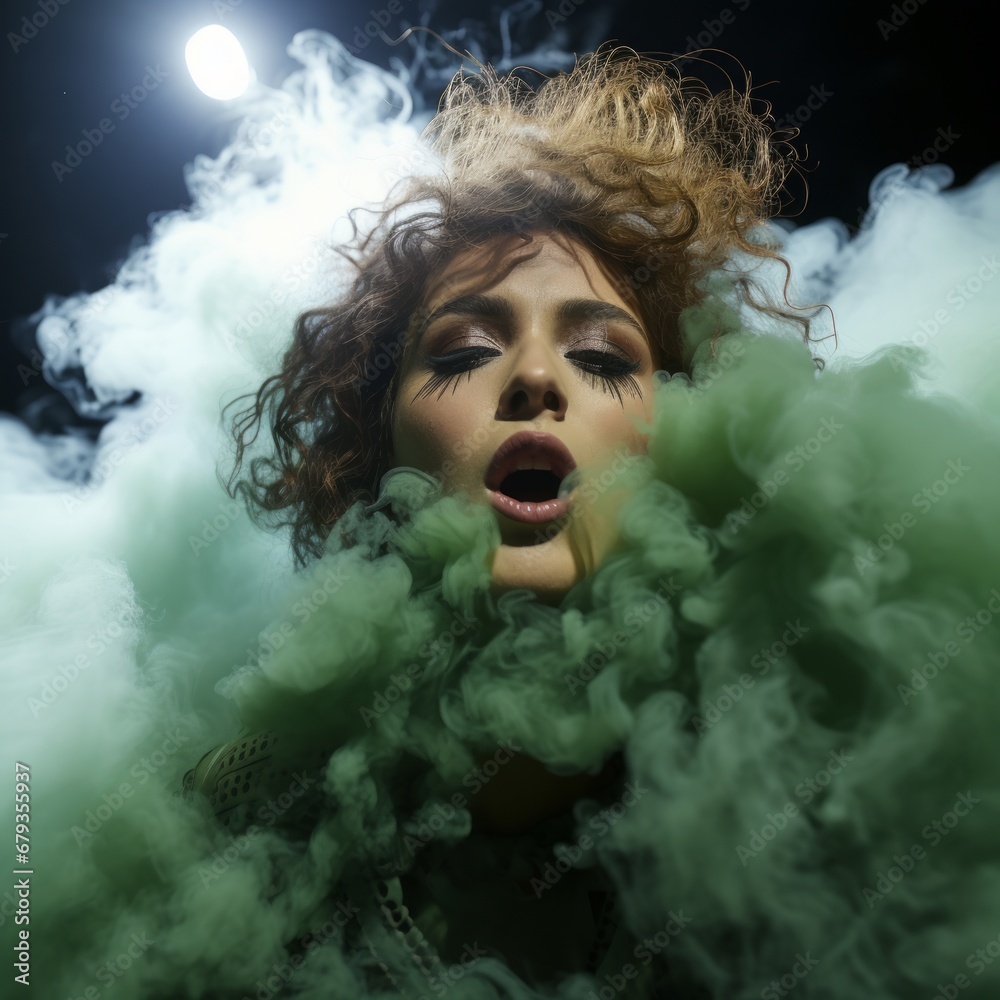 a woman with smoke around her face
