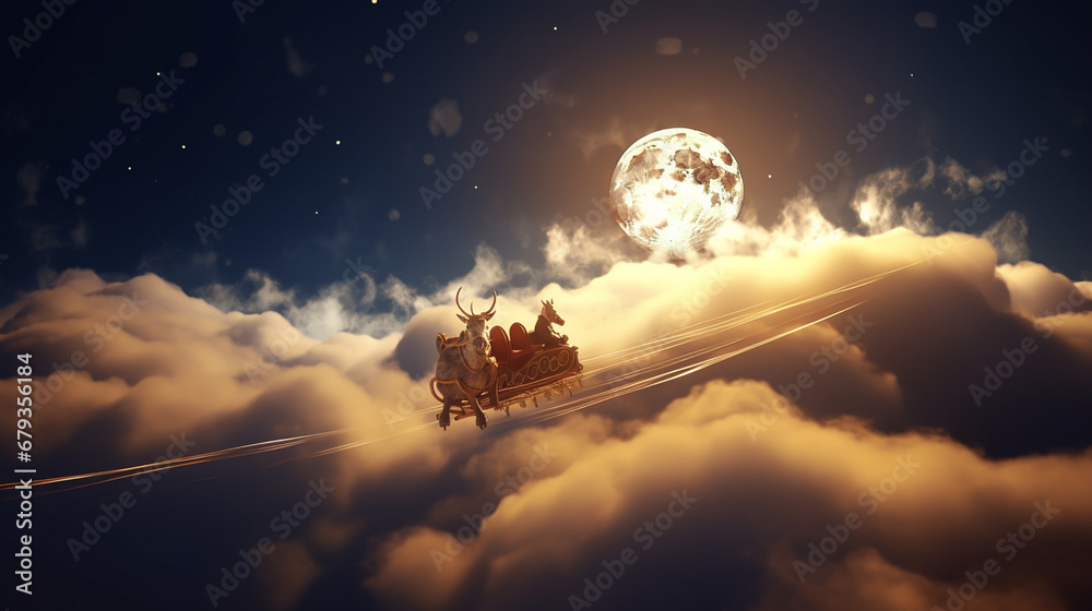 Naklejka premium Santa flying over night sky. Marry Christmas and happy holiday