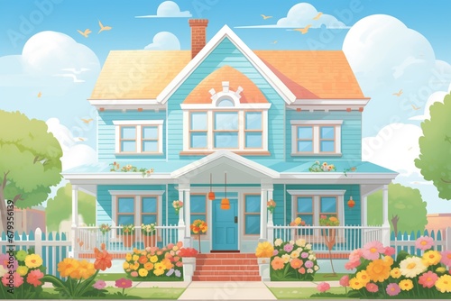 dutch colonial home with colorful flowers against the front gable, magazine style illustration © studioworkstock