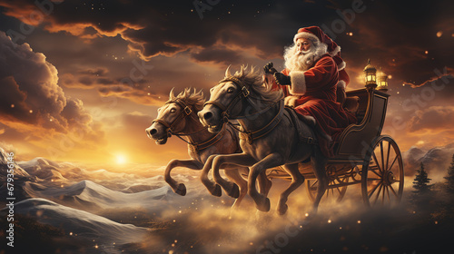 Santa flying over night sky. Marry Christmas and happy holiday photo
