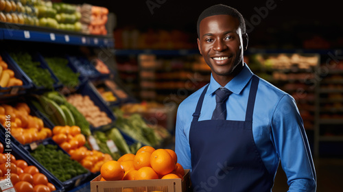 Cheerful supermarket employee in an apron is smiling while standing in front of a display of fresh fruits.