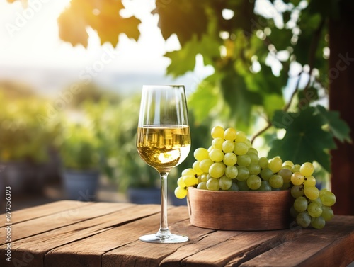 white wine with grapes on old wooden table