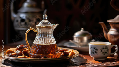 Traditional engraved silver teapot and cup are placed on a patterned tray with honeycomb and honey, all set upon a richly patterned carpet