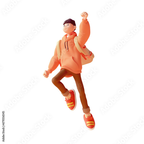 Young cute excited funny smiling сasual asian active guy in fashion red hoodie, brown jeans, sneakers, backpack in superhero pose, hands in fist, jumps up floats in air. 3d render isolated transparent
