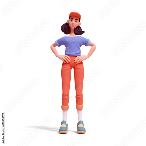 Cute kawaii positive excited asian smiling colorful brunette k-pop girl in fashion clothes red pants, blue t-shirt, green sneakers stands with hands on hips has fun joy. 3d render isolated transparent