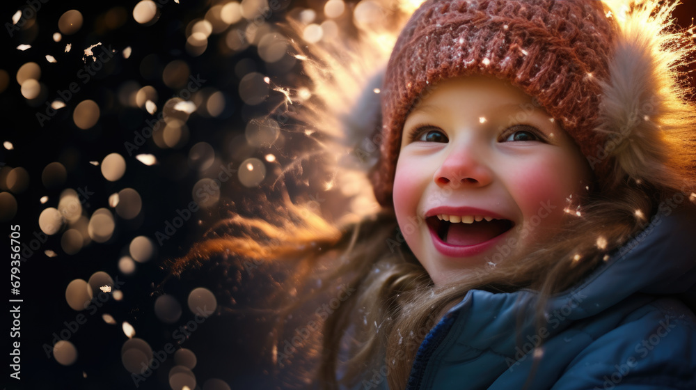 A joyful child is dressed in winter clothes, smiling broadly and looking upwards, surrounded by a festive atmosphere with bokeh lights and falling snow. A joyful child is dressed in winter clothes, smiling broadly and looking upwards, surrounded by a festive atmosphere with bokeh lights and falling snow.