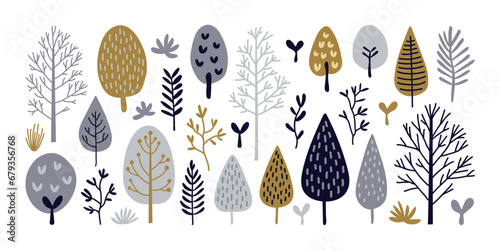 Set of hand drawn simple forest tree nature elements. Cute trendy cartoon style flat design. Seasonal decorative doodle isolated elements.