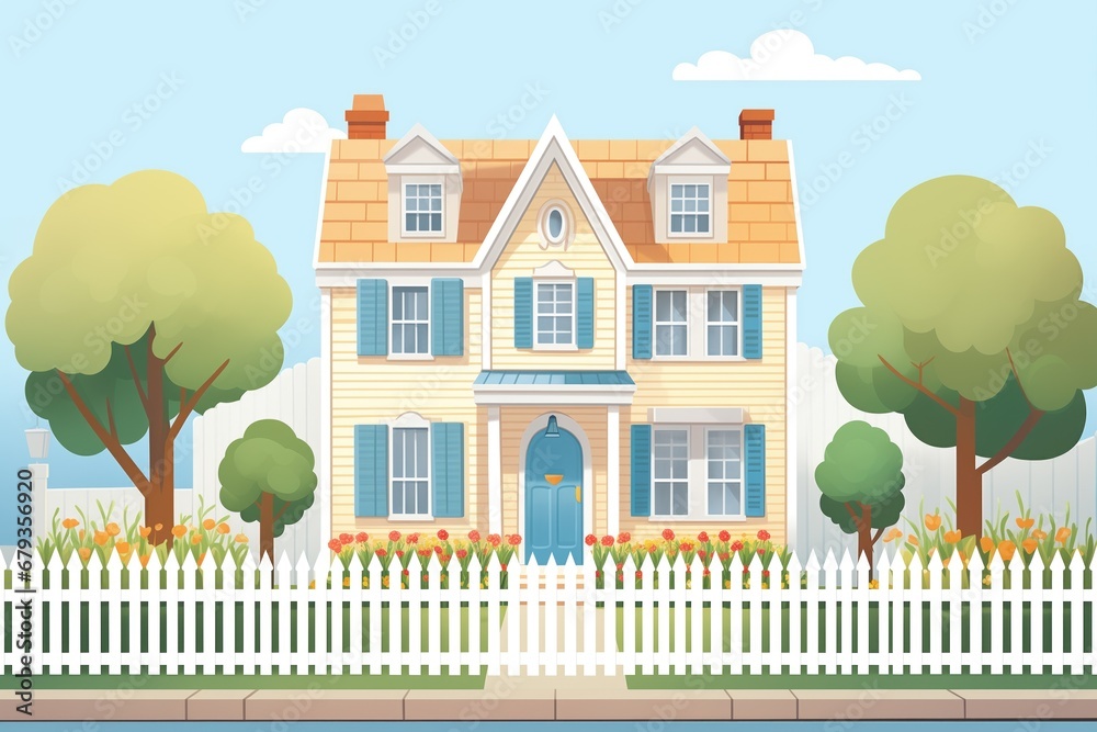 a dutch colonial house with a white picket fence, magazine style illustration