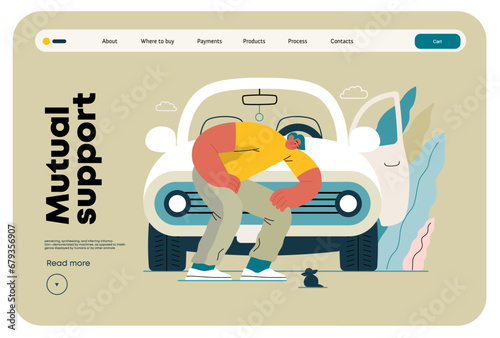 Mutual Support: Adopting a stray animal -modern flat vector concept illustration of man stopping his car for a kitten on the road A metaphor of voluntary, collaborative exchanges of resource, services