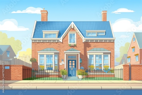 dutch colonial house with a brick walkway leading to the front gable, magazine style illustration