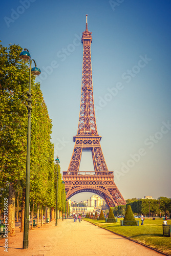 Eiffel Tower over blue sky in Paris, France