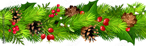 Christmas horizontal seamless border with green fir branches, pine cones, holly leaves and berries, and mistletoe. Vector seamless garland