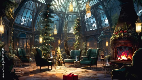 Cozy Christmas-themed Vtuber background with a warm fireplace, perfect for festive streaming and lo-fi ambiance.
