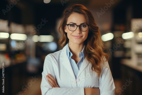 Portrait of a charming young Caucasian female pharmacist wearing glasses with arms folded on her chest among shelves with medicines in a pharmacy. Experienced confident professional in the workplace.