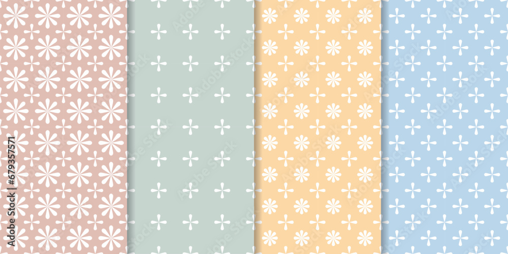 Set of cute minimal geometric texture seamless patterns. Repeating simple geometrical shapes modern background. Graphic trendy abstract wallpaper.